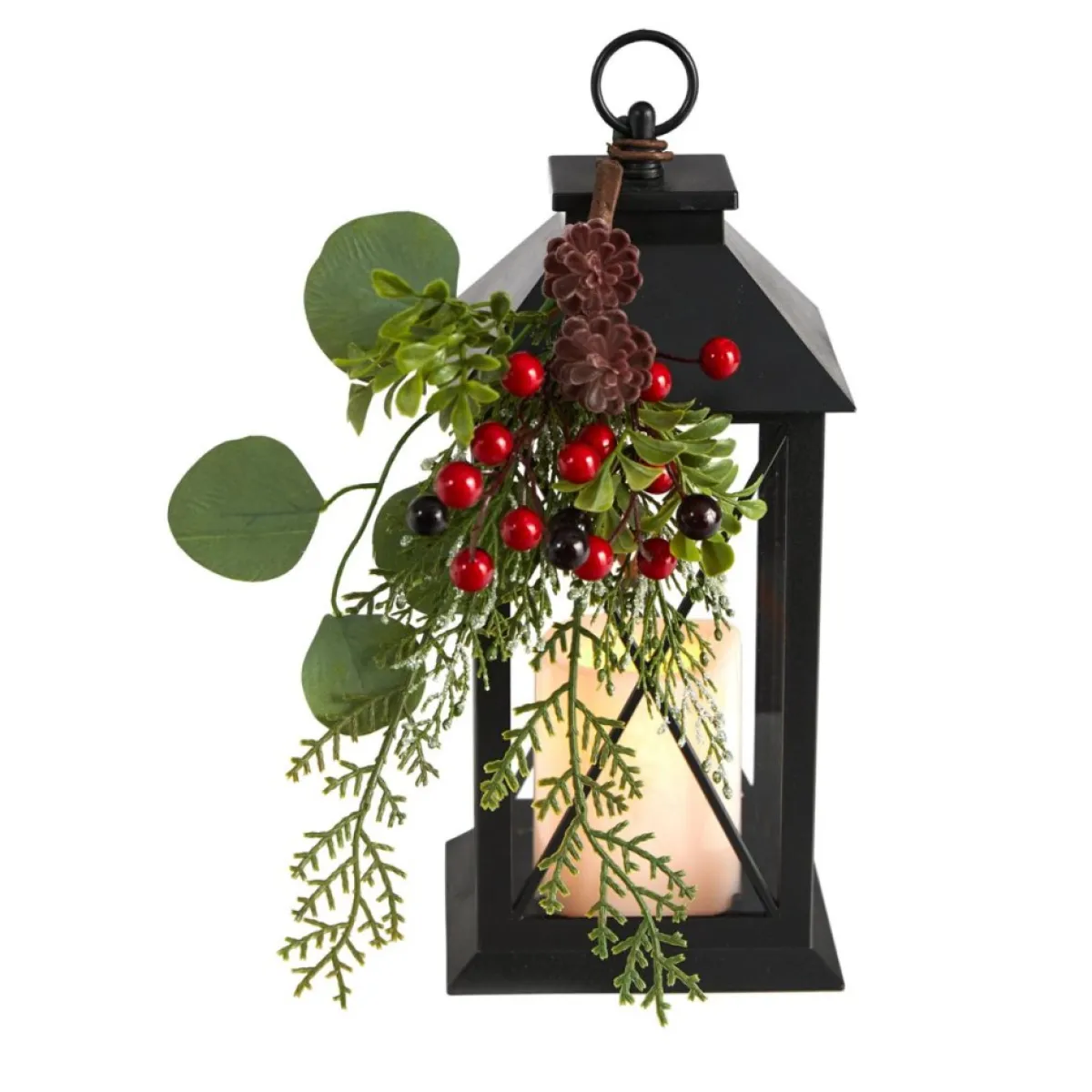 Nearly Natural 12" Holiday Berries And Greenery Metal Lantern Online