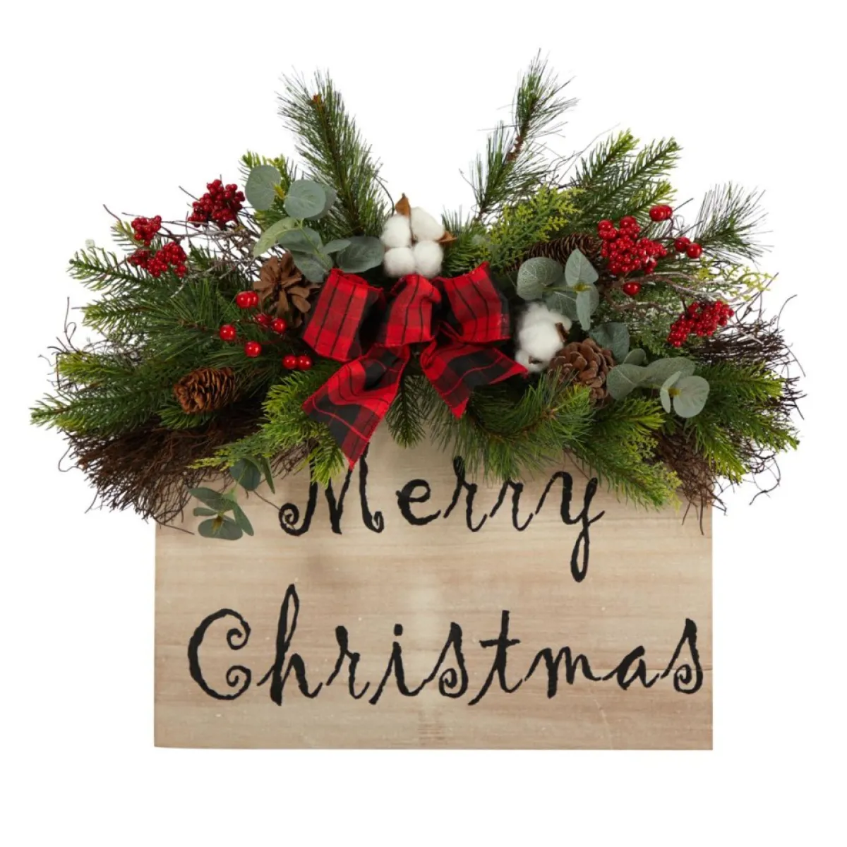 Nearly Natural 20 In. Christmas Wall Hanger With Plaid Bow Best