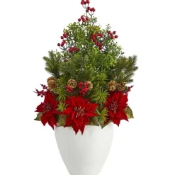 Nearly Natural 32 In. Poinsettia, Boxwood And Succulent Artificial Arrangement In White Vase Hot