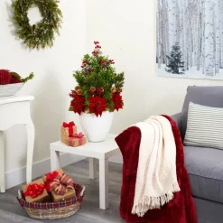 Nearly Natural 32 In. Poinsettia, Boxwood And Succulent Artificial Arrangement In White Vase Hot