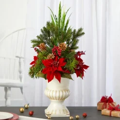 Nearly Natural 28 In. Poinsettia, Grass And Succulent Artificial Arrangement In White Urn Clearance