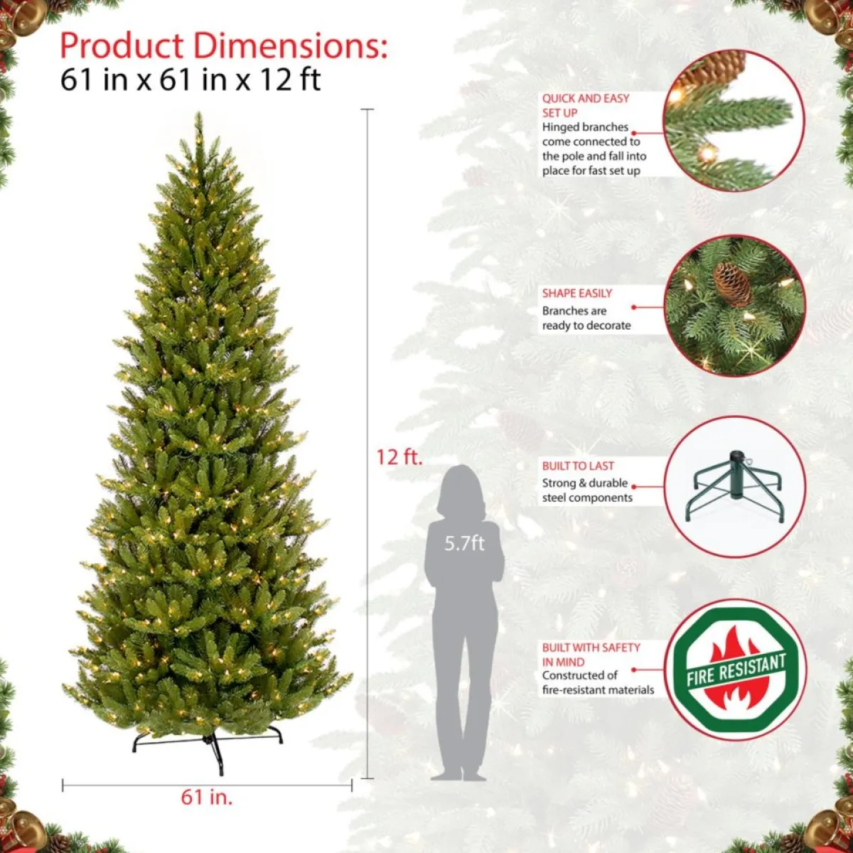 Puleo International 12' Slim Franklin Fir Artificial Christmas Tree - 1200 Clear Lights Hot