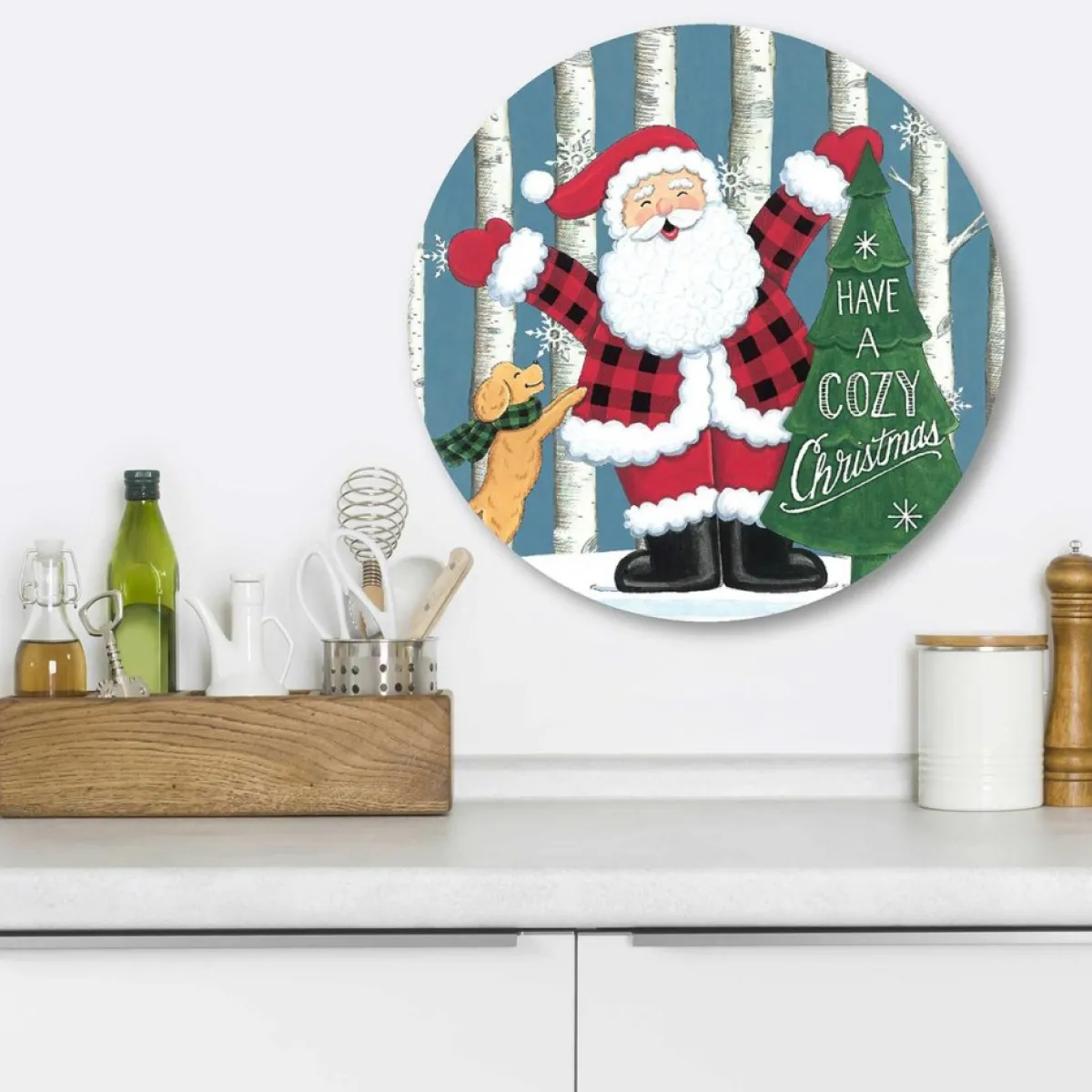 Courtside Market Buffalo Plaid Santa 12X12 Circular Wood Decor Hot