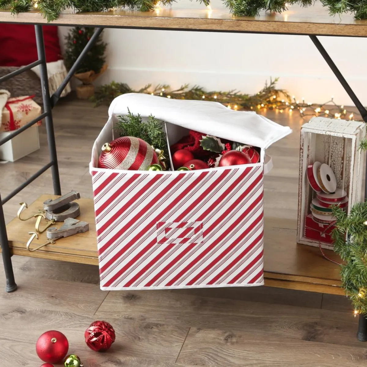 Design Imports Holiday Candy Stripe Print Ornament Storage Bin, Large