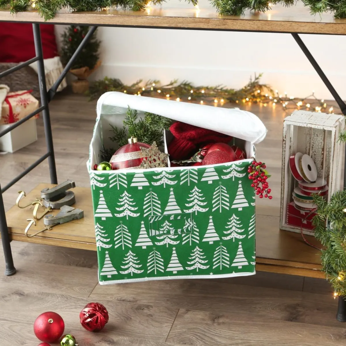 Design Imports Triple Christmas Tree Print Ornament Storage Bin, Large Sale