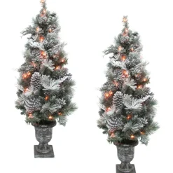 Fraser Hill Farm 4' Christmas Prelit Flocked Trees W Pinecones 2-Pack New