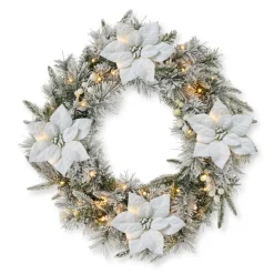 Glitzhome 24" D Led Flocked Greenery Pine Poinsettia Christmas Wreath New