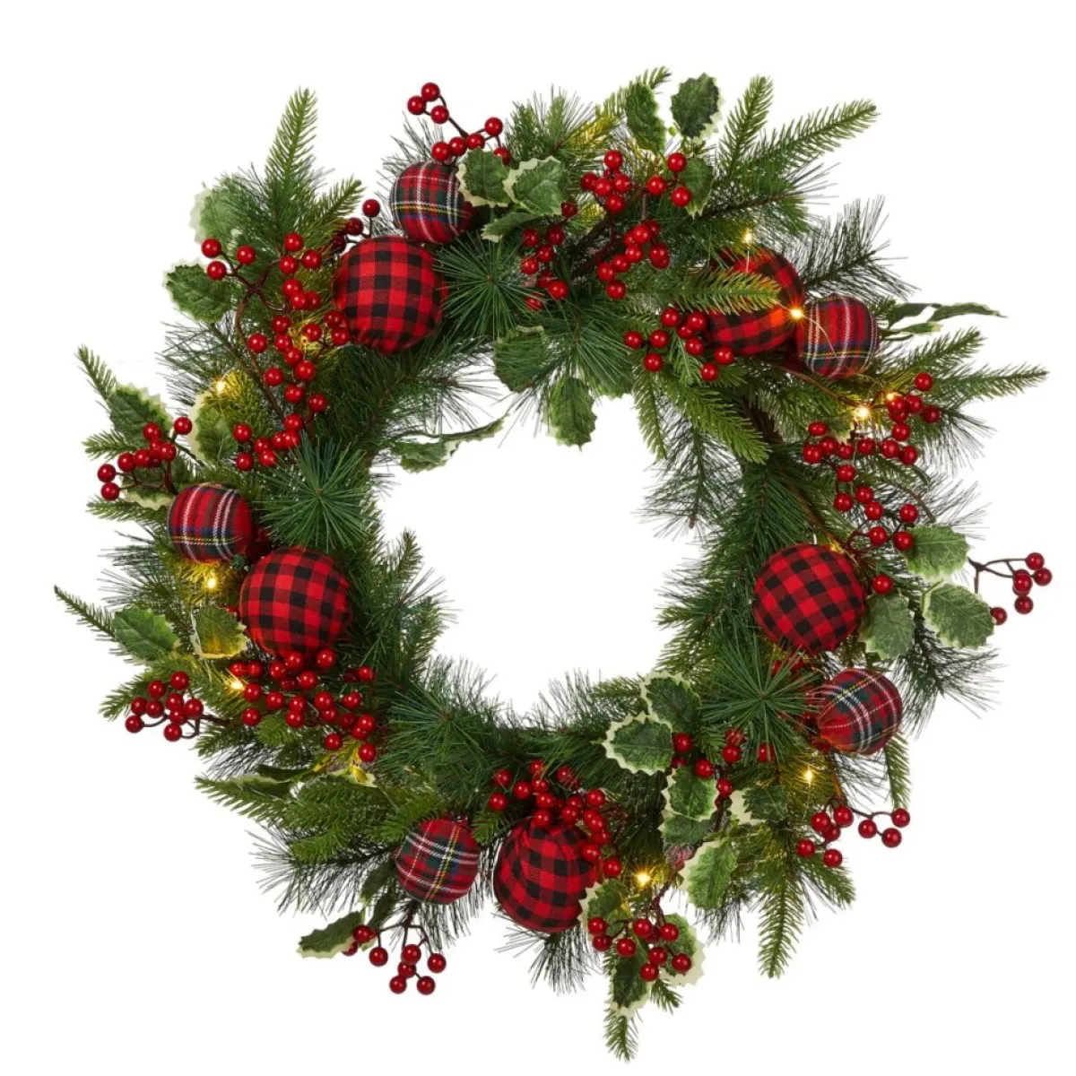 Glitzhome 24" D Ornament Berry Holly Pine Wreath With Lights Clearance