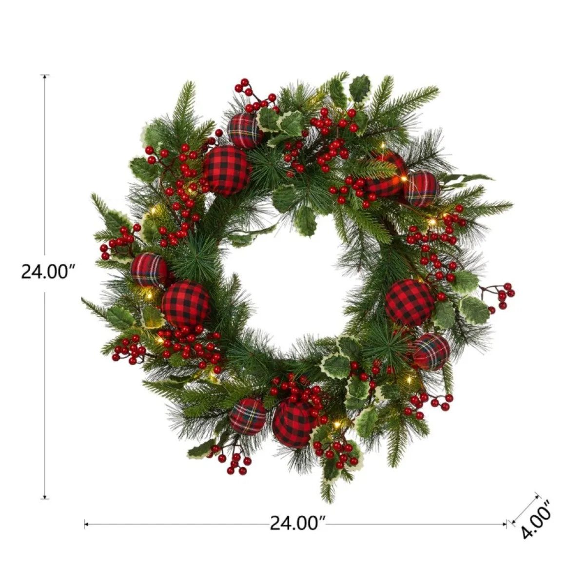 Glitzhome 24" D Ornament Berry Holly Pine Wreath With Lights Clearance