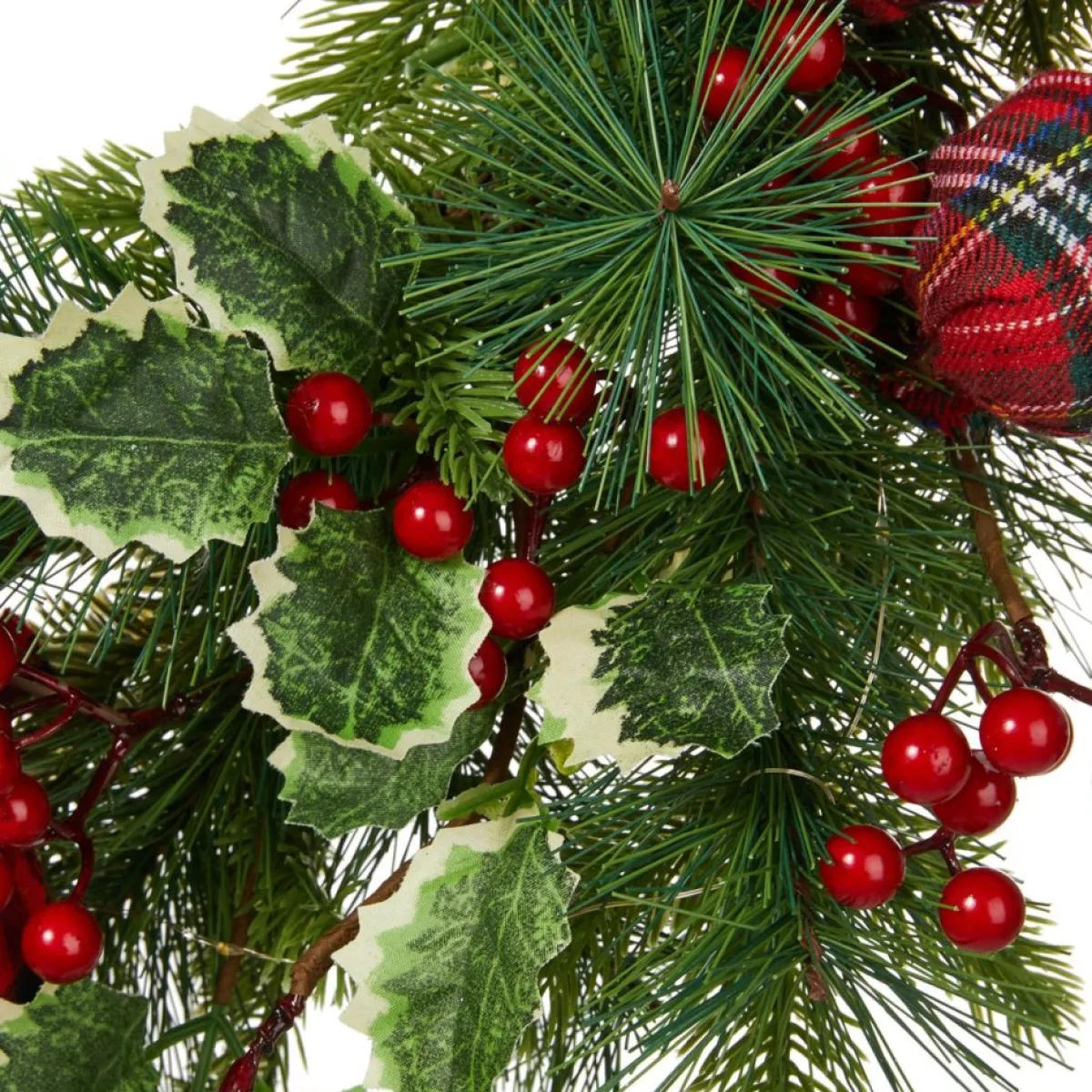 Glitzhome 24" D Ornament Berry Holly Pine Wreath With Lights Clearance