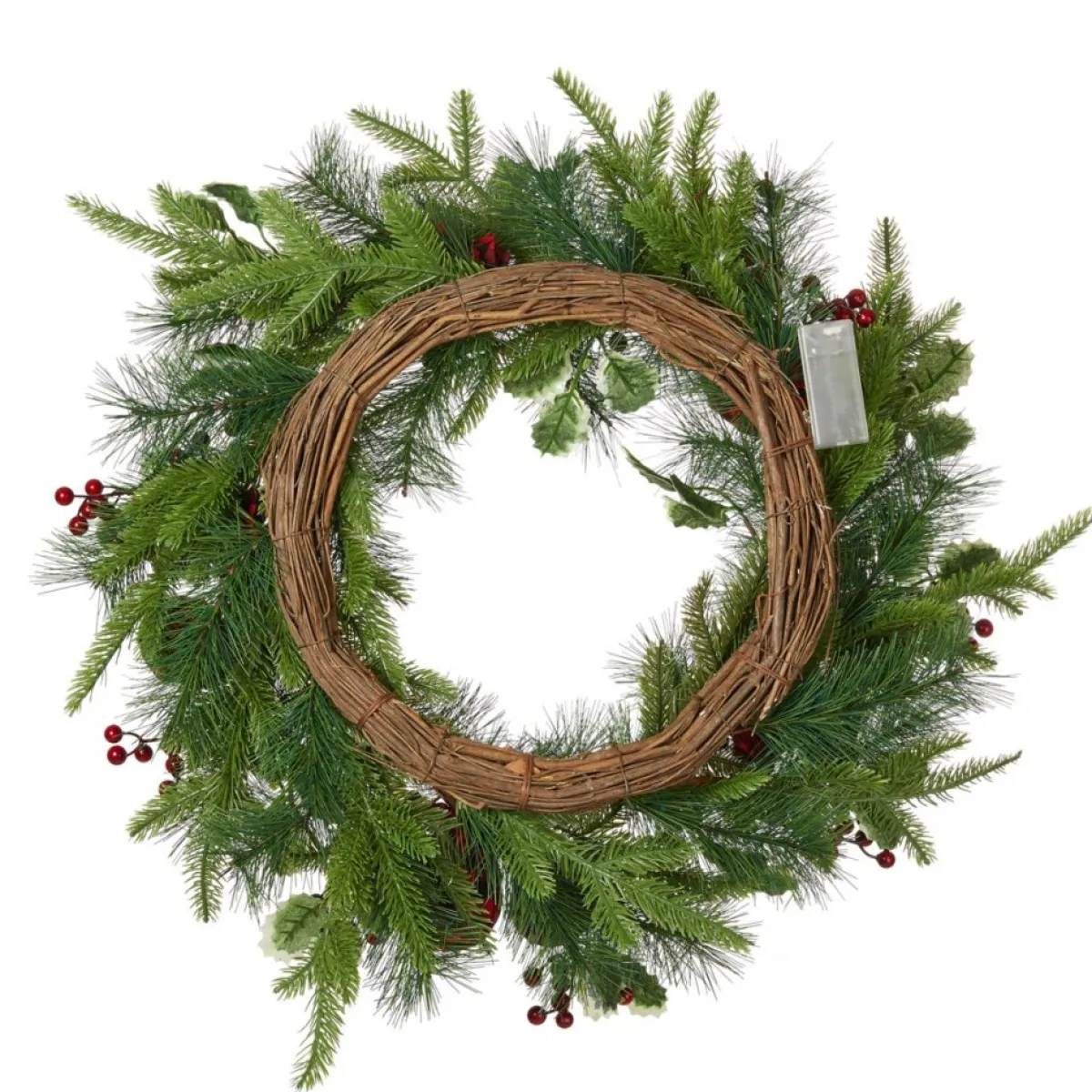 Glitzhome 24" D Ornament Berry Holly Pine Wreath With Lights Clearance