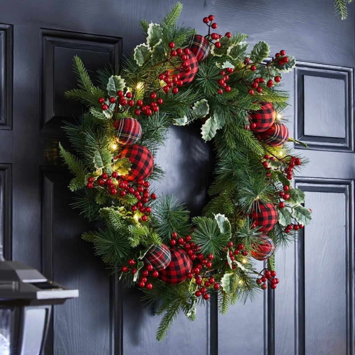 Glitzhome 24" D Ornament Berry Holly Pine Wreath With Lights Clearance