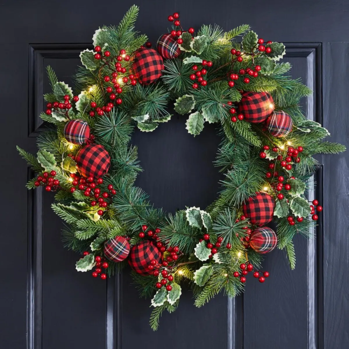 Glitzhome 24" D Ornament Berry Holly Pine Wreath With Lights Clearance