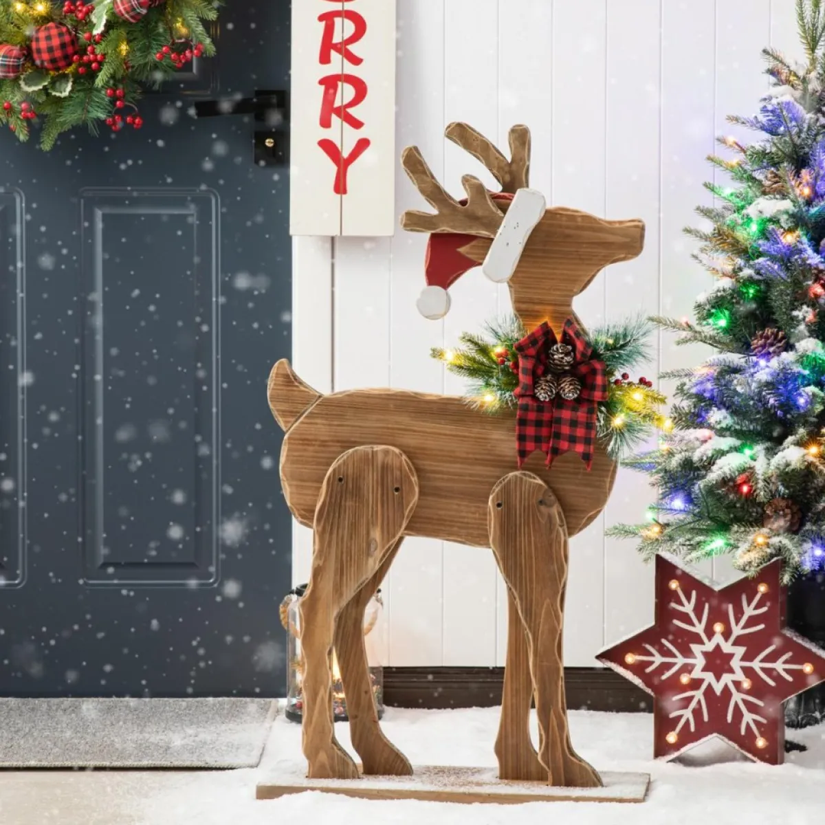 Glitzhome 36" H Chunky Wood Reindeer Porch Decor New