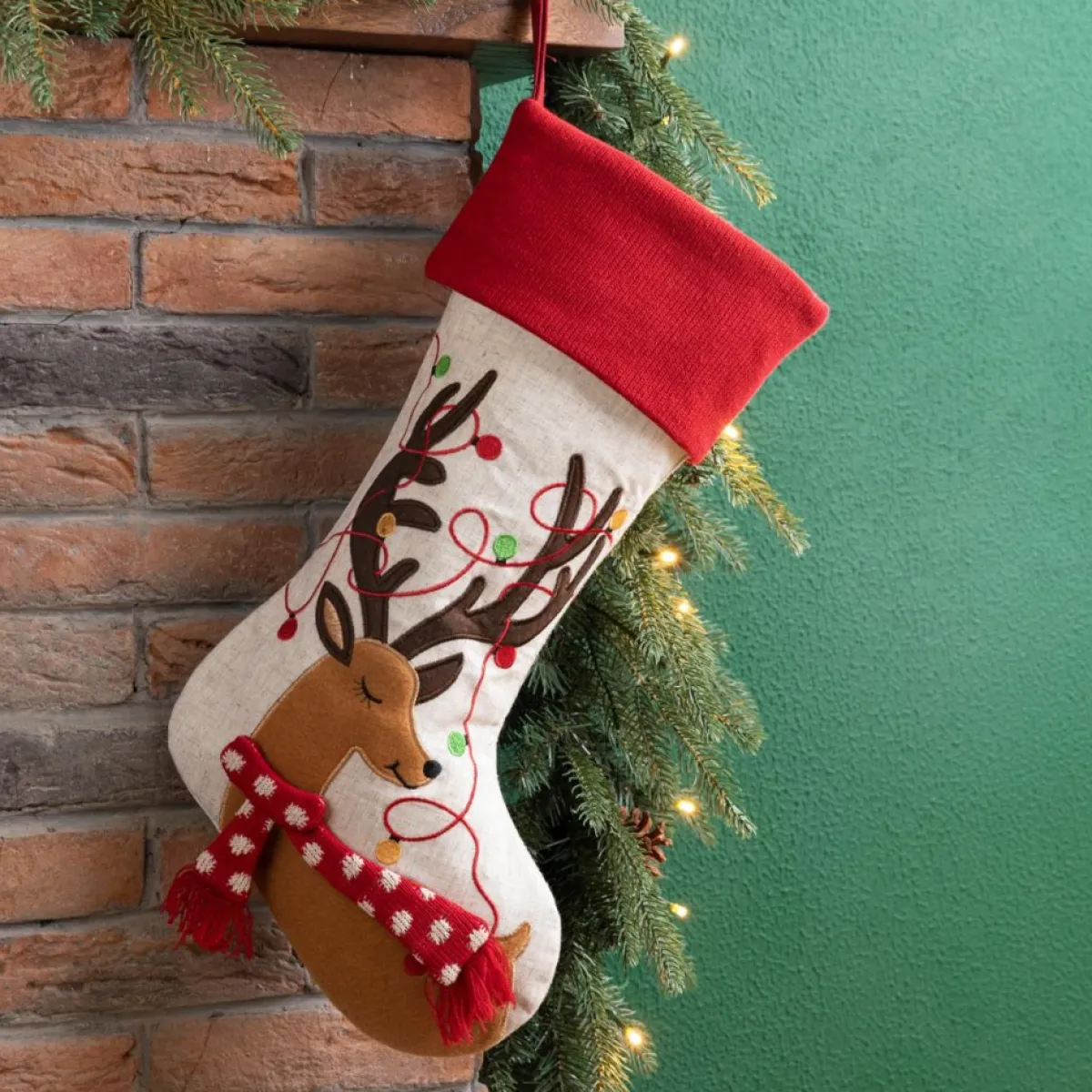 Glitzhome 21" L Led Embroidered Linen Reindeer Christmas Stocking Outlet