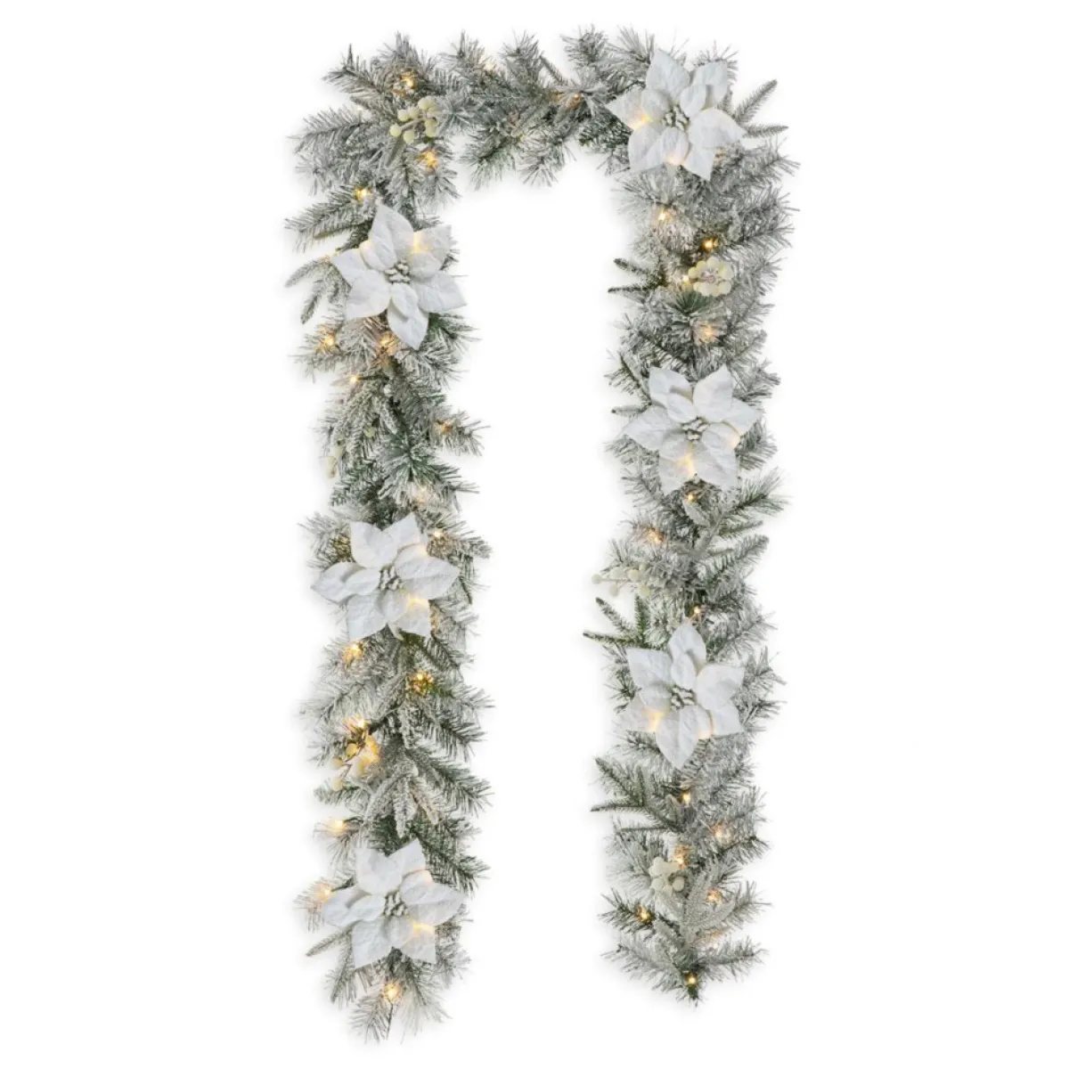 Glitzhome 9' Pre-Lit Snow Flocked Greenery Pine Poinsettia Garland Outlet