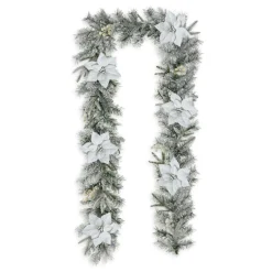 Glitzhome 9' Pre-Lit Snow Flocked Greenery Pine Poinsettia Garland Outlet