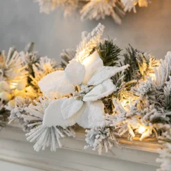 Glitzhome 9' Pre-Lit Snow Flocked Greenery Pine Poinsettia Garland Outlet