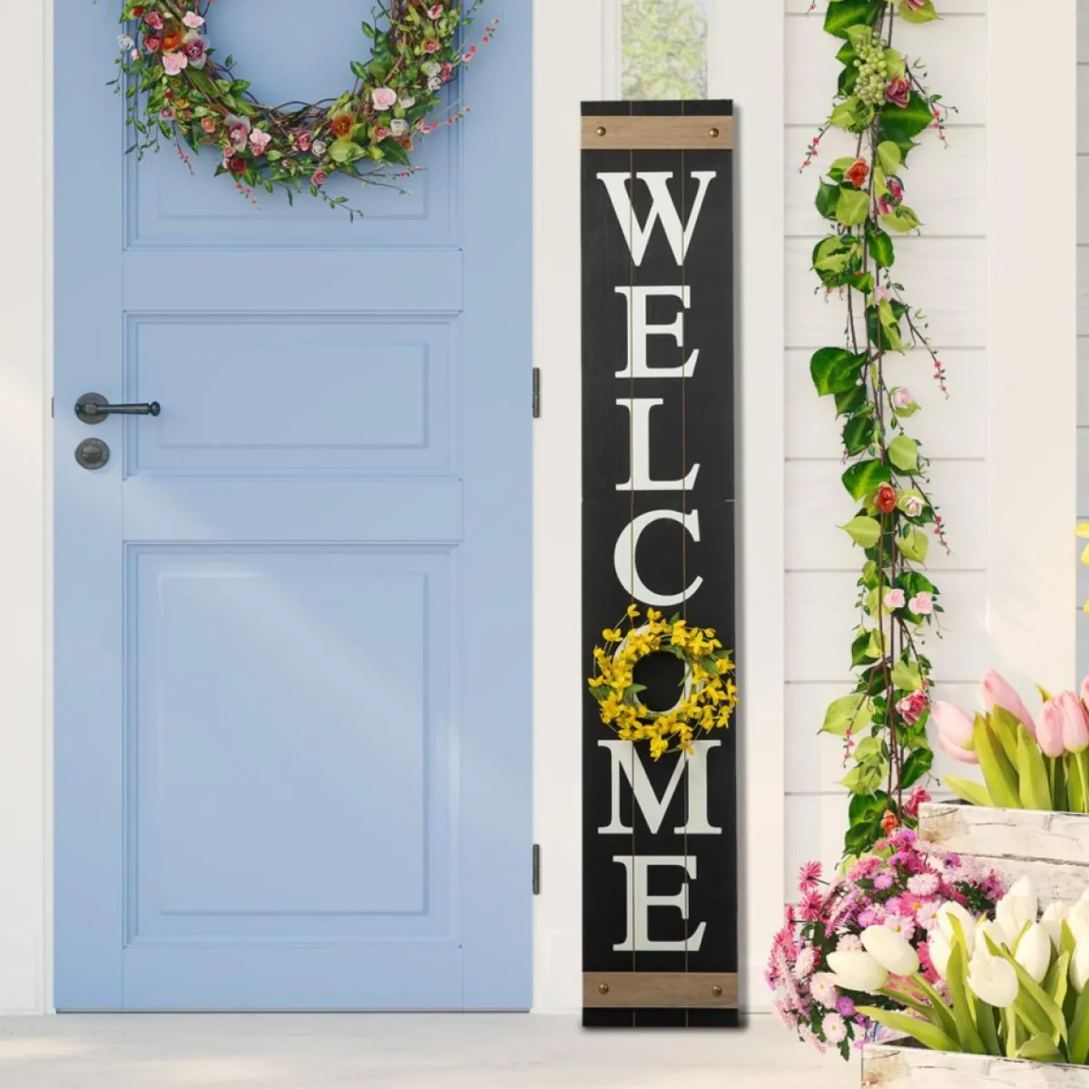 Glitzhome 60" Wooden Welcome Porch Sign W/4 Interchangeable Wreaths Sale