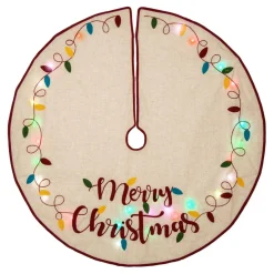 Glitzhome 48"D Merry Christmas Embroidered Linen Christmas Tree Skirt