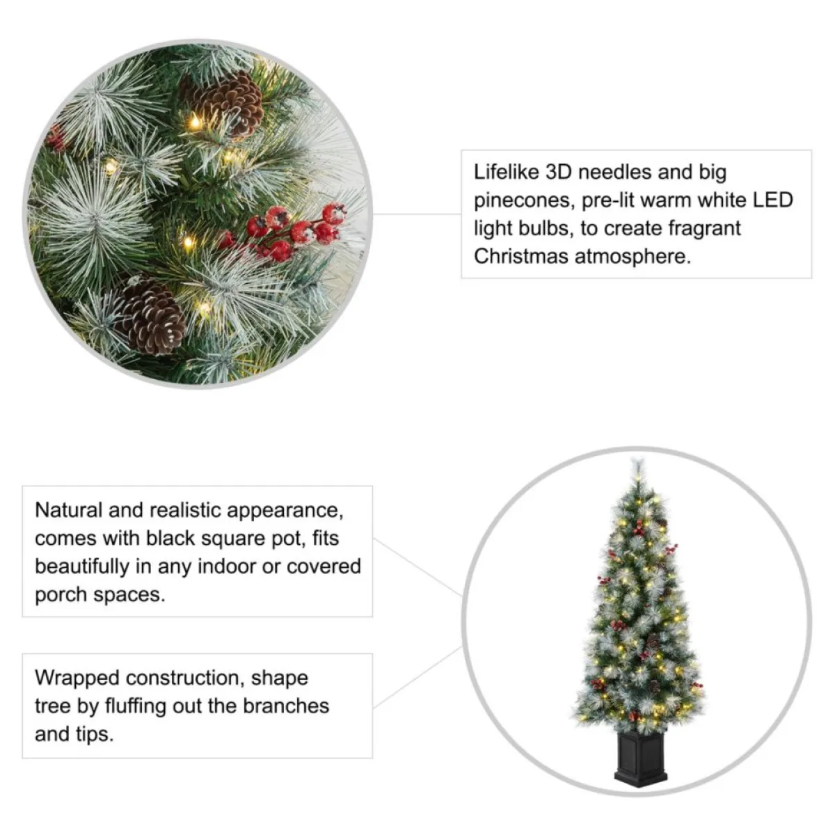 Glitzhome 5Ft Pre-Lit Artificial Christmas Porch Tree With Pinecones