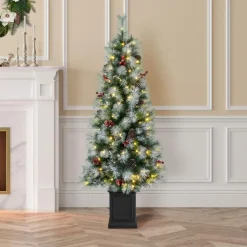 Glitzhome 5Ft Pre-Lit Artificial Christmas Porch Tree With Pinecones