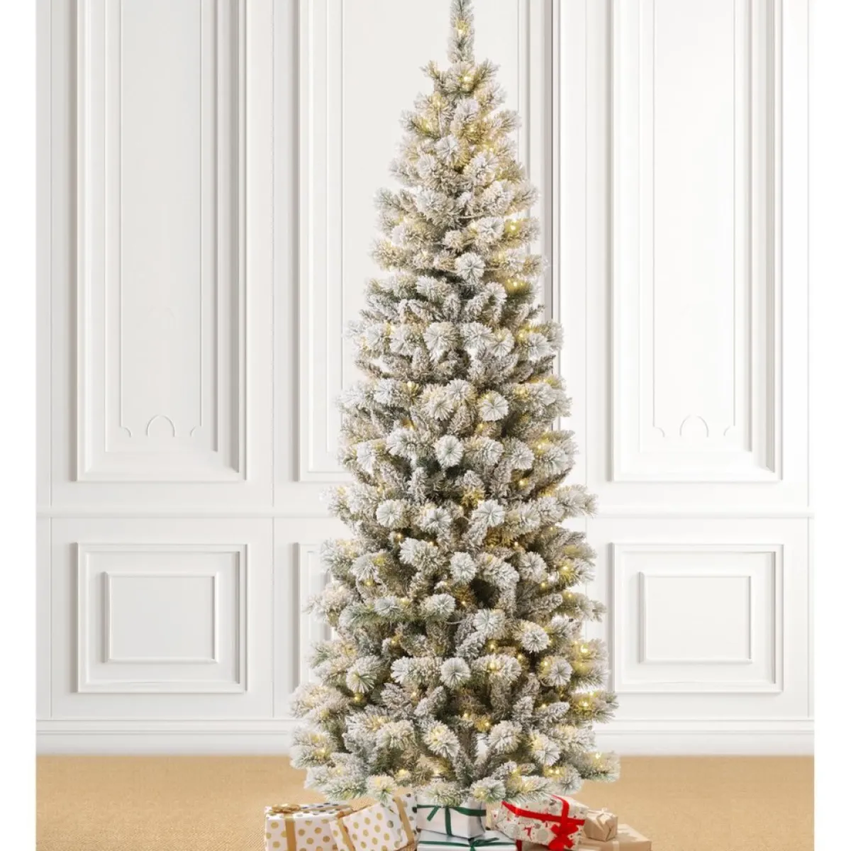 Glitzhome 7.5Ft Pre-Lit Flocked Pencil Green Pine Christmas Tree Clearance
