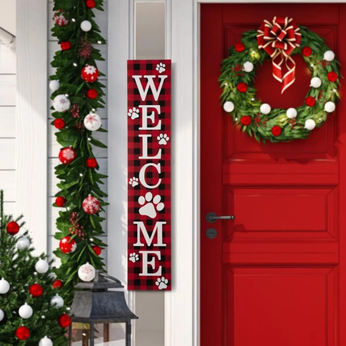 Glitzhome 42"H Wooden Plaid Pet Welcome Porch Sign New