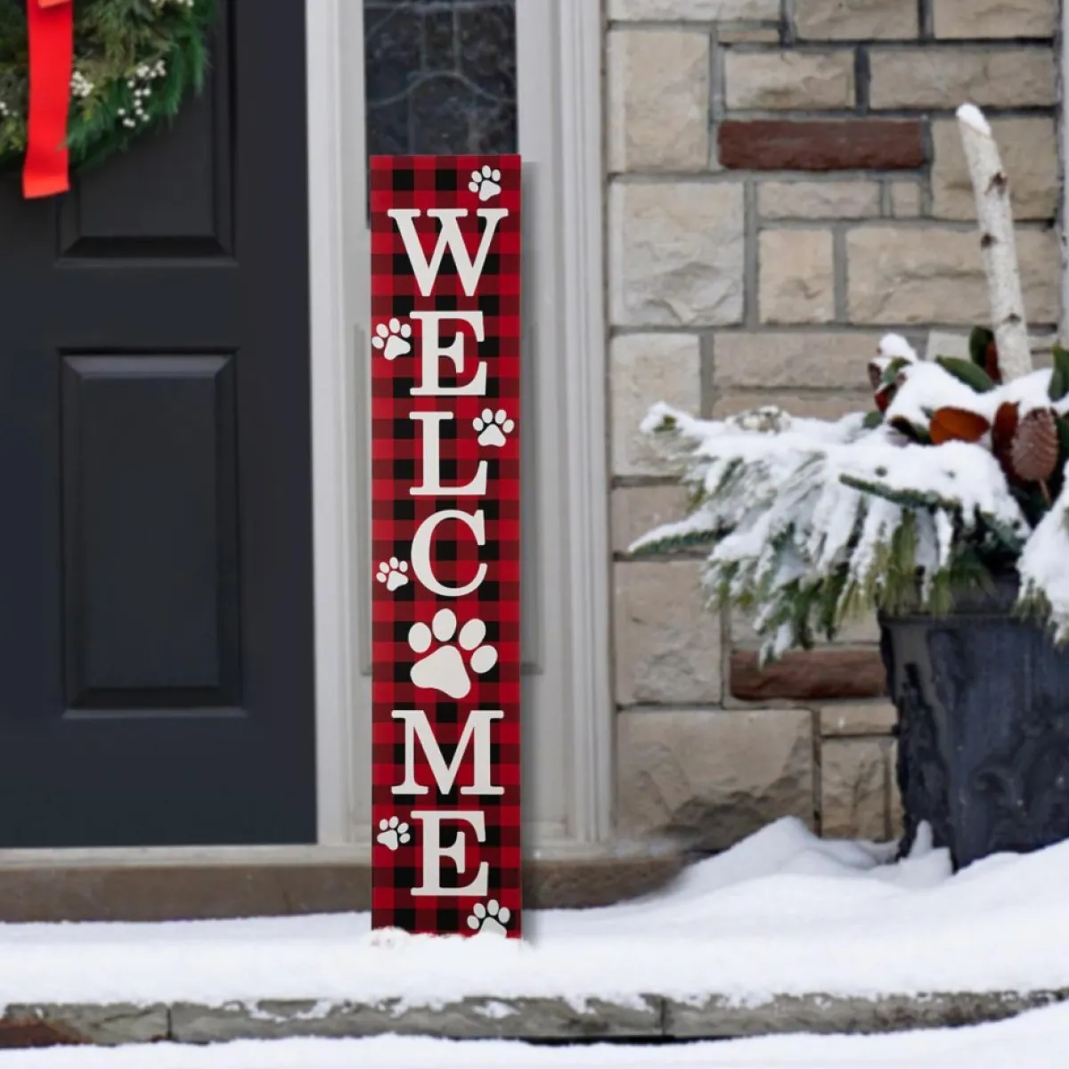 Glitzhome 42"H Wooden Plaid Pet Welcome Porch Sign New