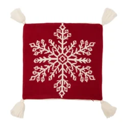Glitzhome 18In Knitted Snowflake Acrylic Red Pillow Cover With Tassels Sale