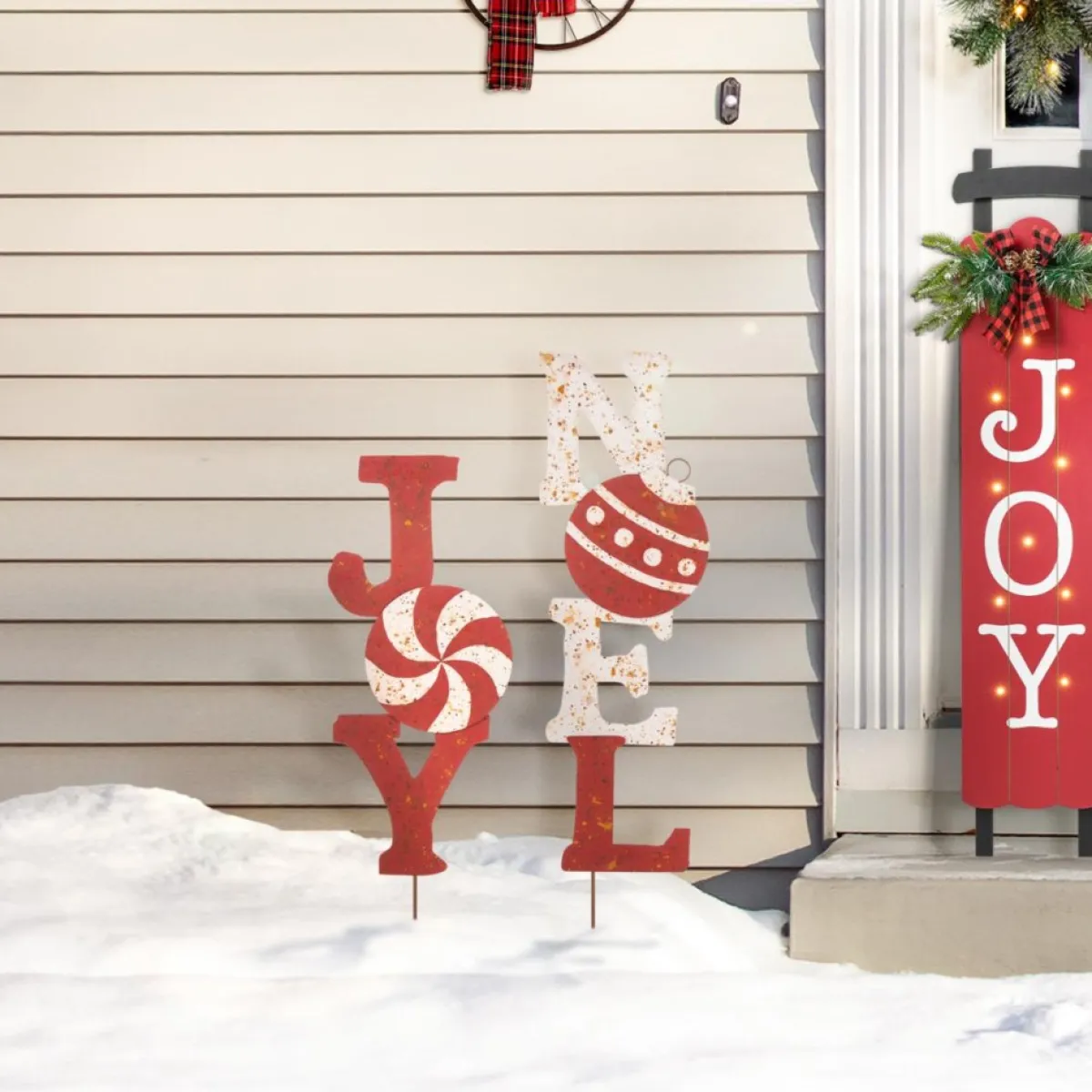 Glitzhome Set Of 2 Rusty Metal Joy And Noel Yard Stake Or Wall Decor Outlet