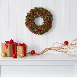 Nearly Natural 15" Holiday Artificial Wreath W/Pinecones And Ornaments