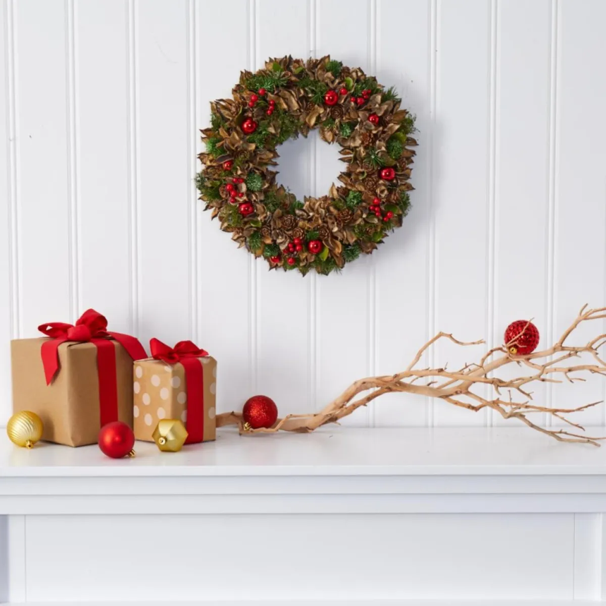 Nearly Natural 15" Holiday Artificial Wreath W/Pinecones And Ornaments