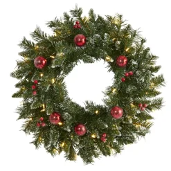 Nearly Natural 24 In. Frosted Christmas Wreath With 50 Lights Clearance