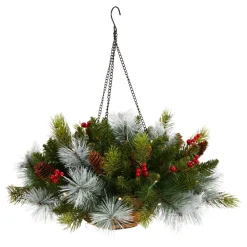 Nearly Natural 24 In. Holiday Pre Lit Berries Christmas Hanging Basket Outlet