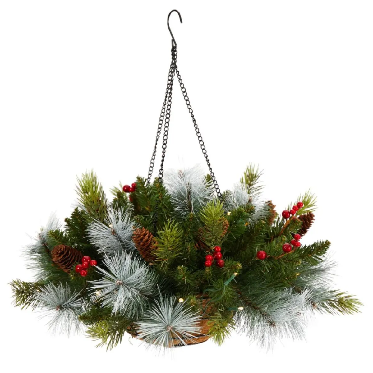 Nearly Natural 24 In. Holiday Pre Lit Berries Christmas Hanging Basket Outlet