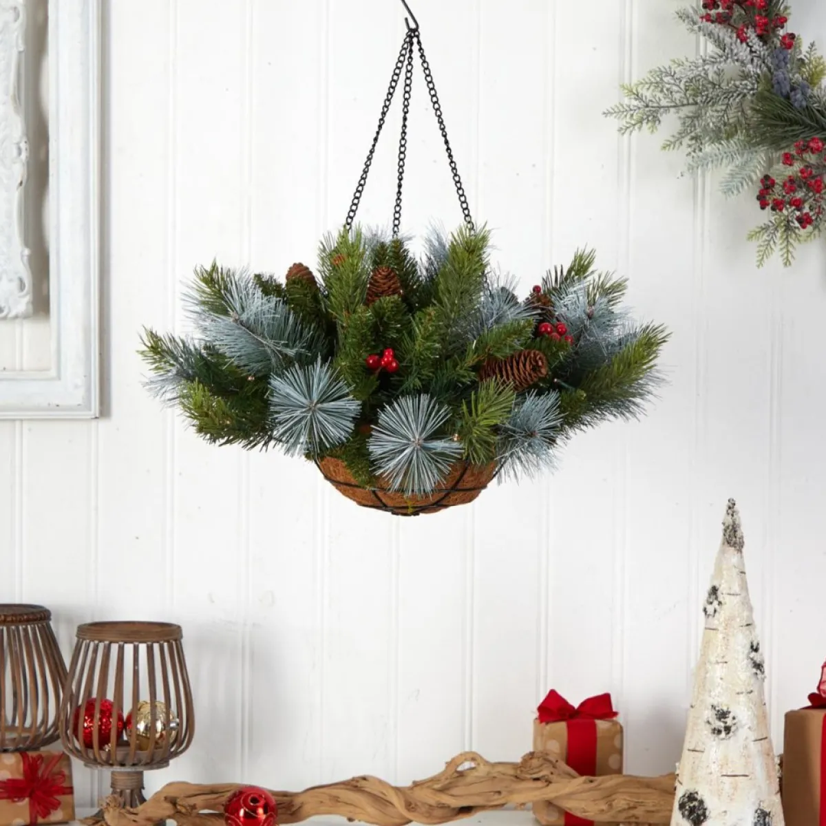 Nearly Natural 24 In. Holiday Pre Lit Berries Christmas Hanging Basket Outlet