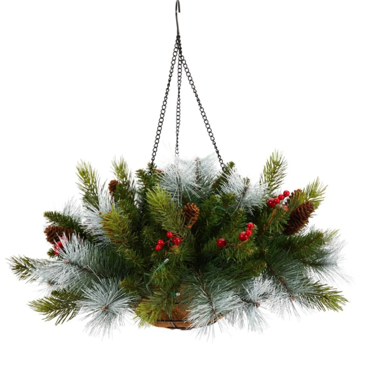 Nearly Natural 24 In. Holiday Pre Lit Berries Christmas Hanging Basket Outlet