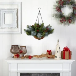 Nearly Natural 24 In. Holiday Pre Lit Berries Christmas Hanging Basket Outlet