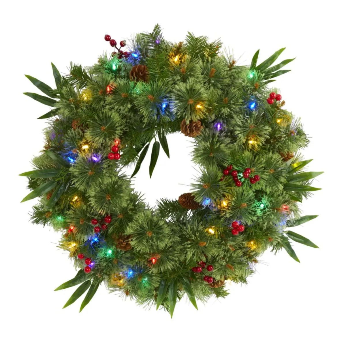 Nearly Natural 24 In. Mixed Pine Christmas Wreath With Lights
