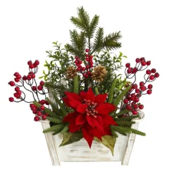 Nearly Natural 18 In. Poinsettia, Succulent And Berries In Planter Hot