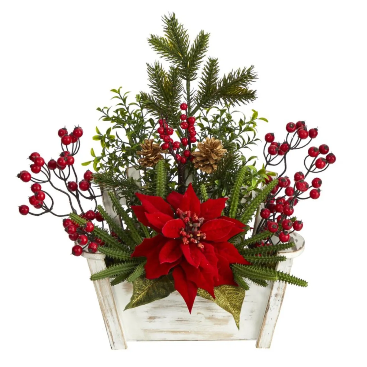 Nearly Natural 18 In. Poinsettia, Succulent And Berries In Planter Hot