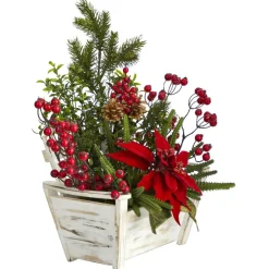 Nearly Natural 18 In. Poinsettia, Succulent And Berries In Planter Hot