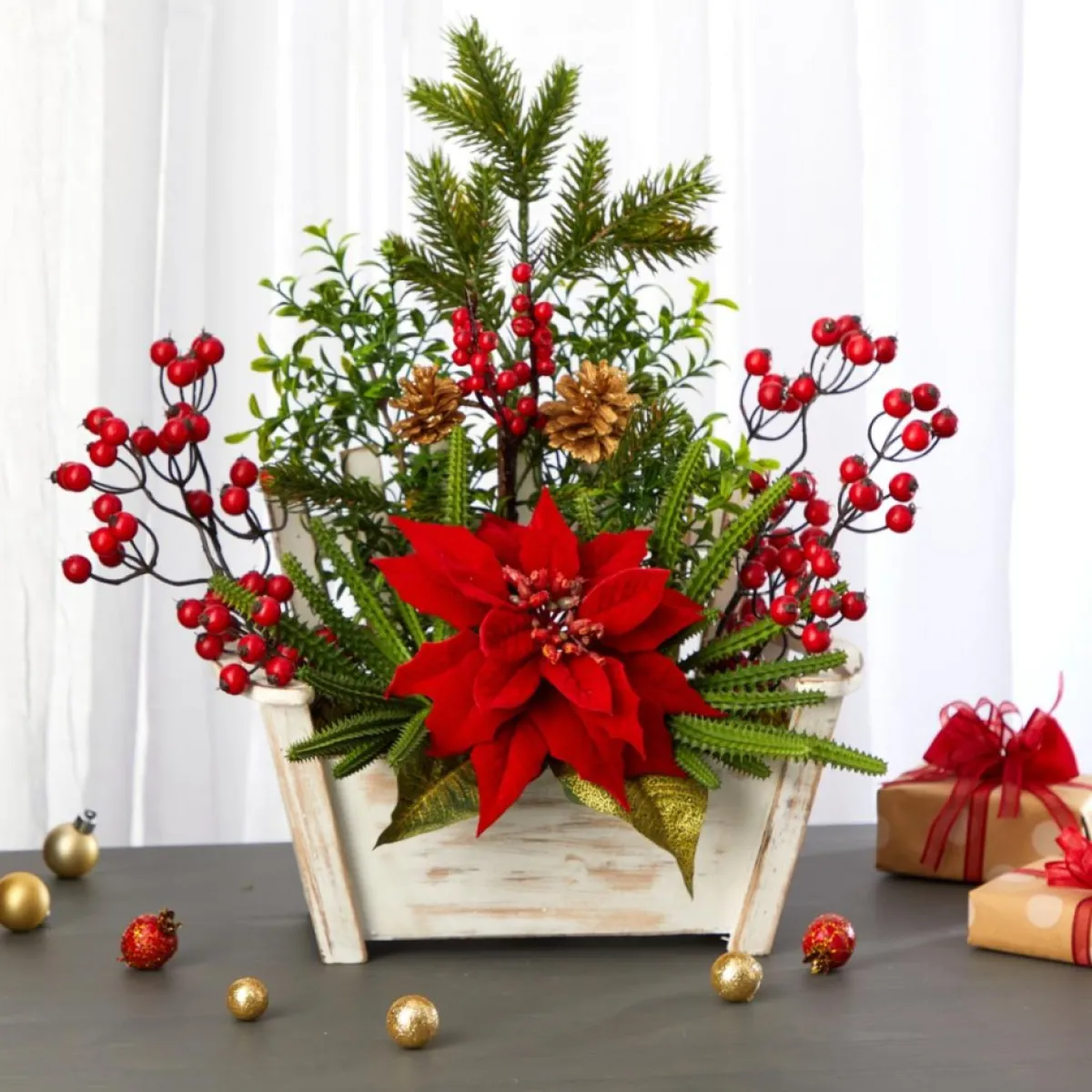 Nearly Natural 18 In. Poinsettia, Succulent And Berries In Planter Hot