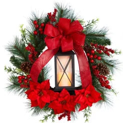 Nearly Natural 28" Poinsettia & Berry Wreath With Lantern & Led Candle Sale
