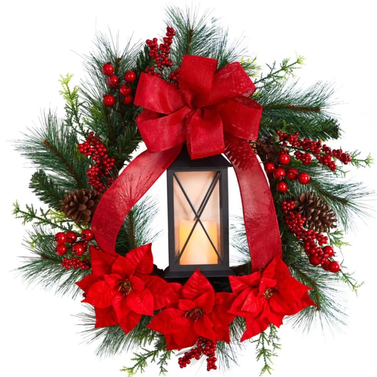 Nearly Natural 28" Poinsettia & Berry Wreath With Lantern & Led Candle Sale