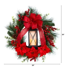 Nearly Natural 28" Poinsettia & Berry Wreath With Lantern & Led Candle Sale