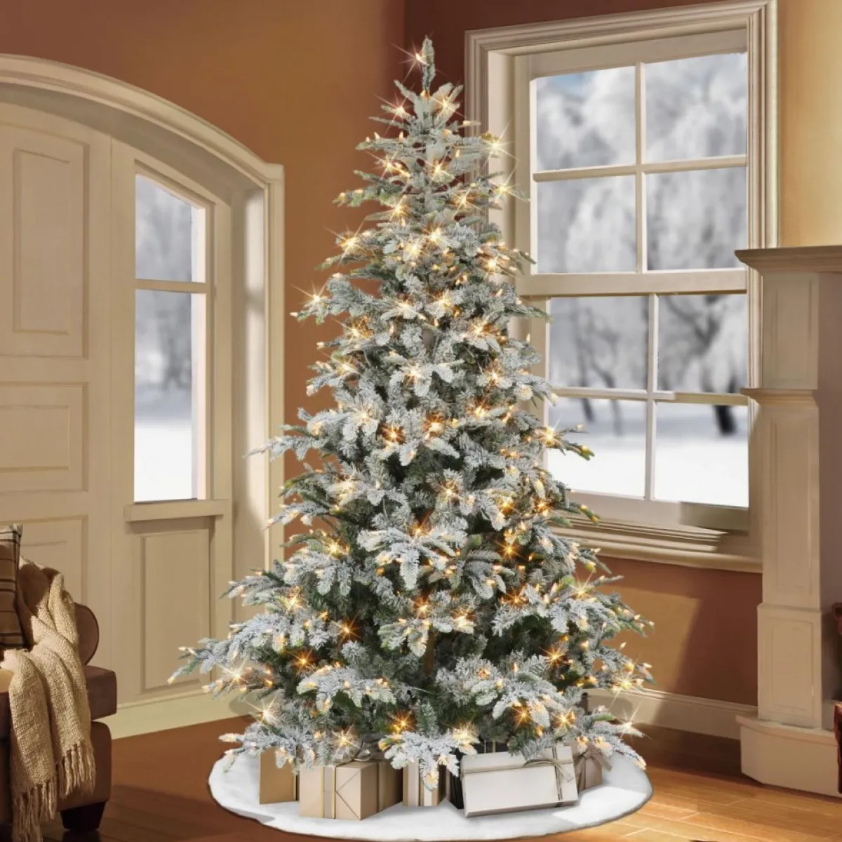 Puleo International 7.5' Pre-Lit Flocked Aspen Fir Tree Sale