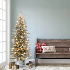 Puelo International Puleo International 6' Pre-Lit Potted Flocked Arctic Fir Pencil Tree Outlet