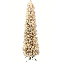Puleo International 9' Pre-Lit Flocked Pencil Christmas Tree Outlet